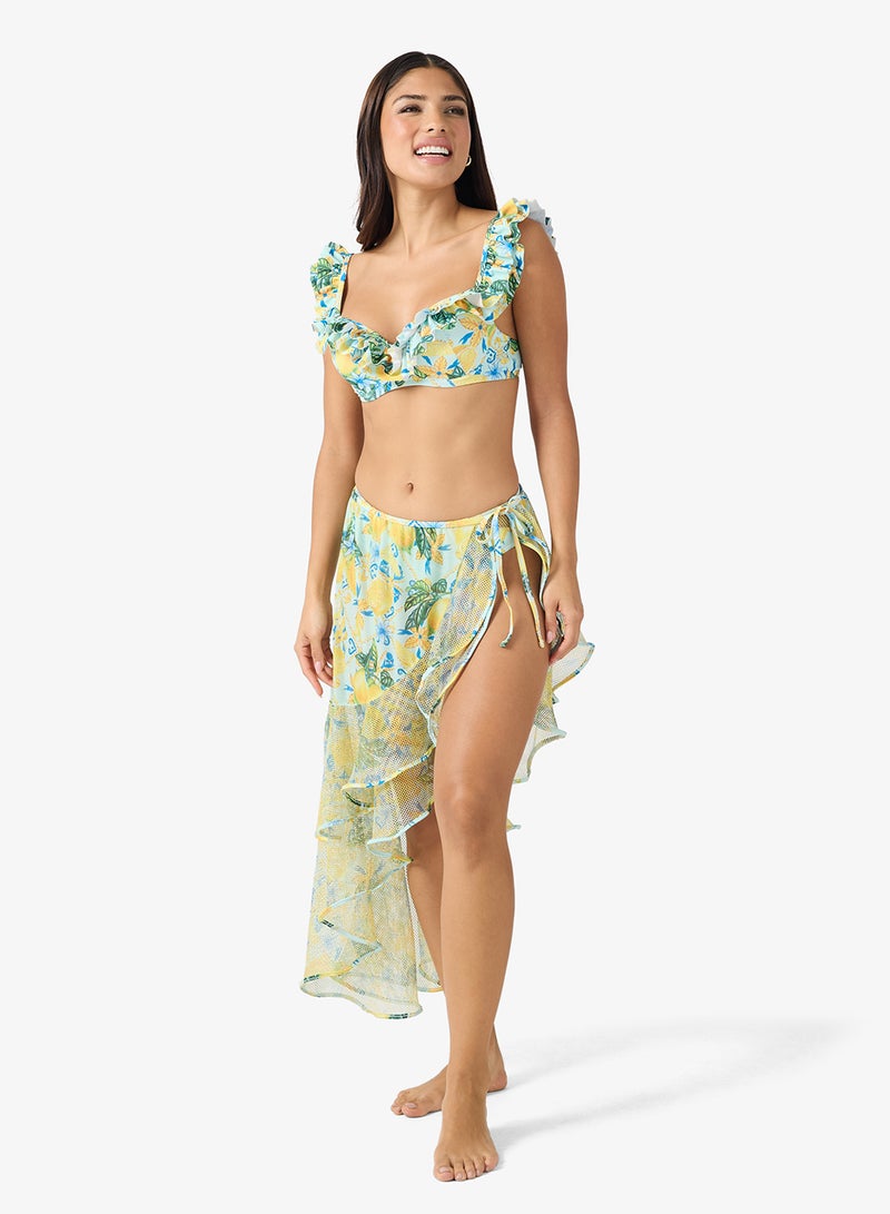 جينجر طقم بيكيني من  قطع بنقشة الزهور وتنورة غير متماثلة - Image 1